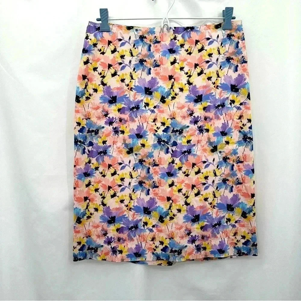 Talbots Pencil Skirt Women 4 Pink Floral Cotton Stretch Knee Length Straight